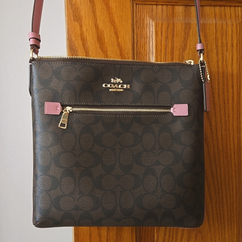 Coach Brown Signature Crossbody with Pink Trim